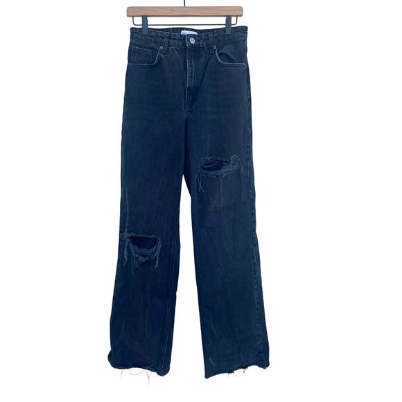 Zara High‎ Waisted Wide Leg Jeans, Distressed, Black, Size 6 - Picture 1 of 5